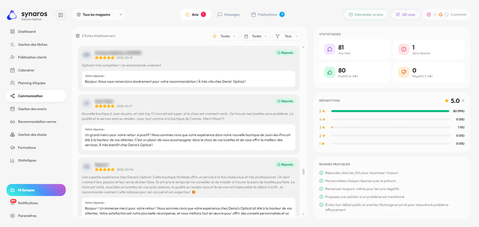 Avis Google du magasin avec les réponses publiées, la note moyenne et la répartition des notes