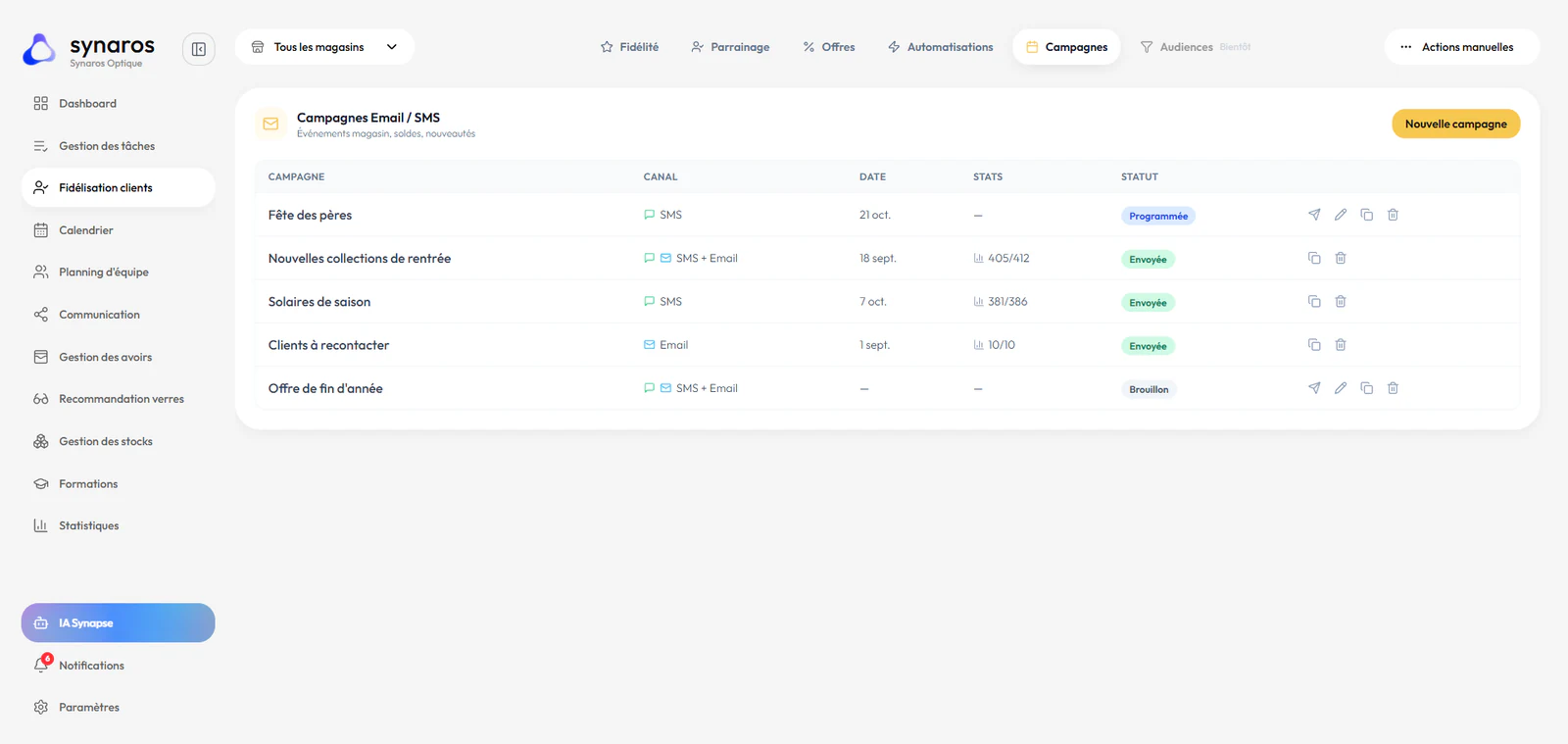 Campagnes SMS et email avec audience, statut et nombre d'envois