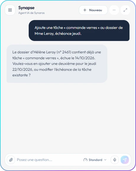 Synapse dans Synaros : une demande en français, et Synapse qui vérifie le dossier avant d'agir